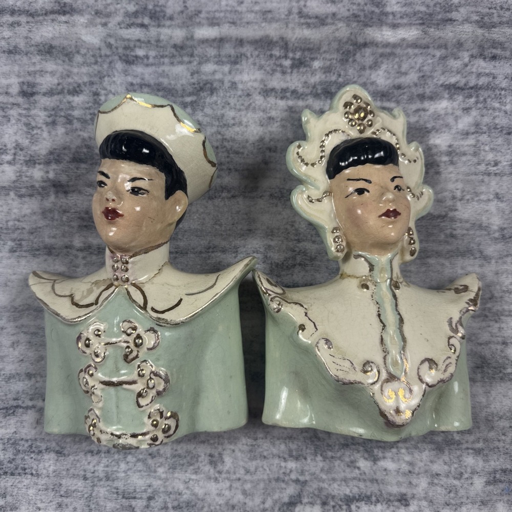 Vintage Florence 1950s MCM Midcentury Asian Couple Ceramic GreenHead Vase Japan